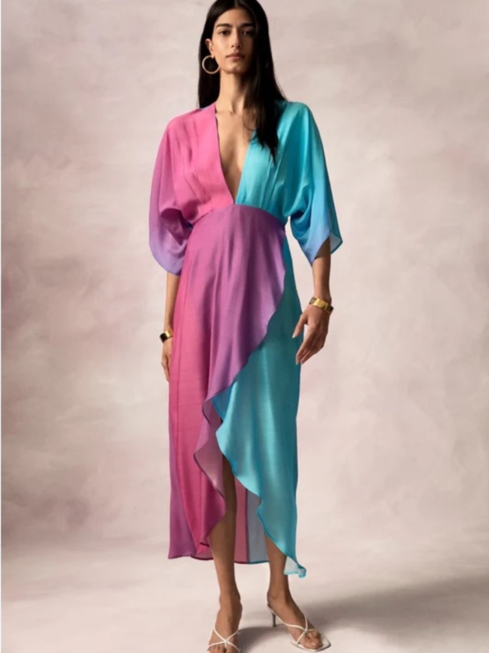 Jaline Resort Sustainable Luxury Ombré Plunge Midi Dress XS